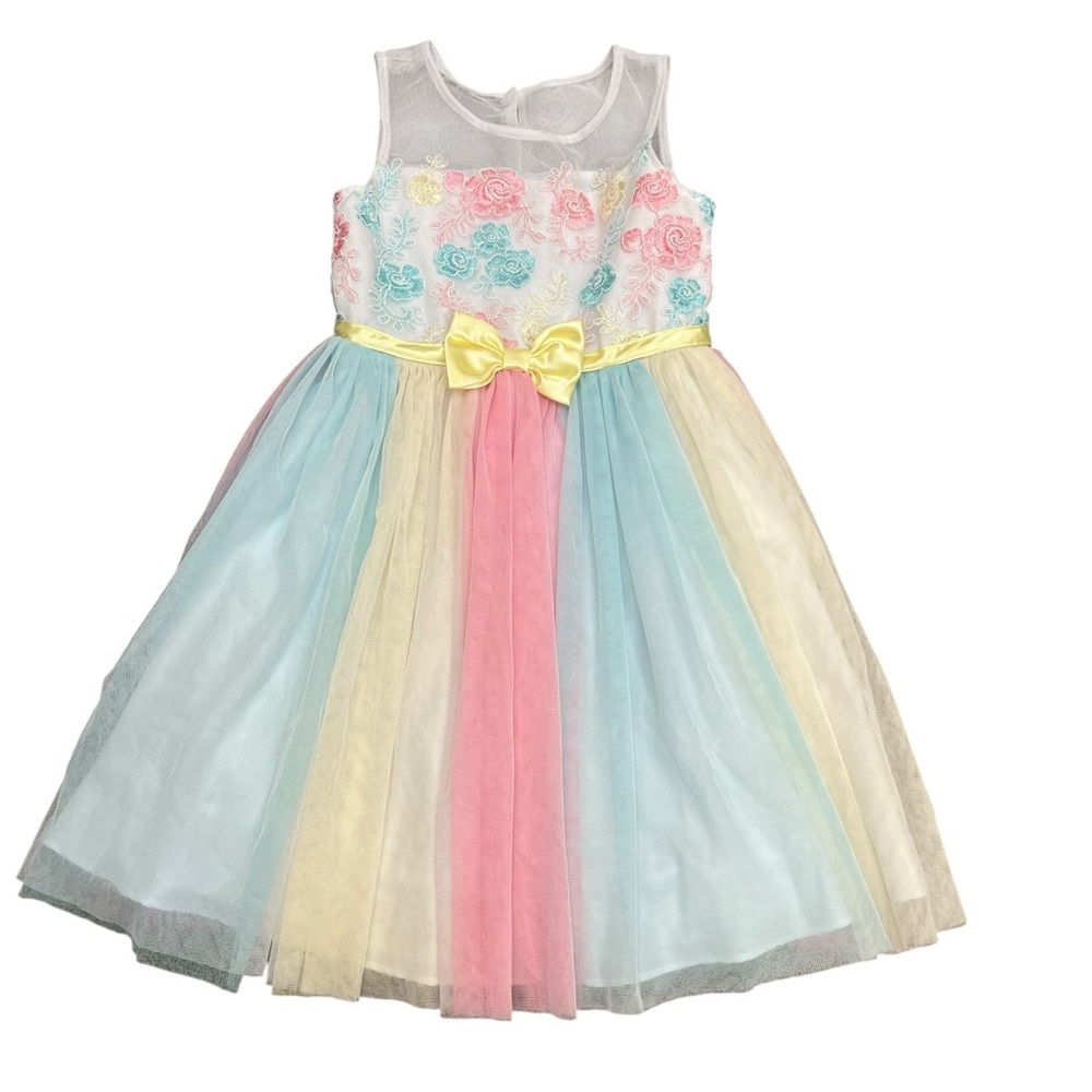 2/$15 Jona Michelle 6 Pastel Floral Embroidered Sleeveless Dress with Yellow Bow